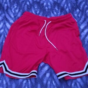 Red Athletic Shorts with Striped Hem